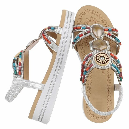Zilveren dames sandalen met kleurrijke steentjes en elastische band Cedela