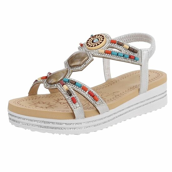 Zilveren dames sandalen met kleurrijke steentjes en elastische band Cedela