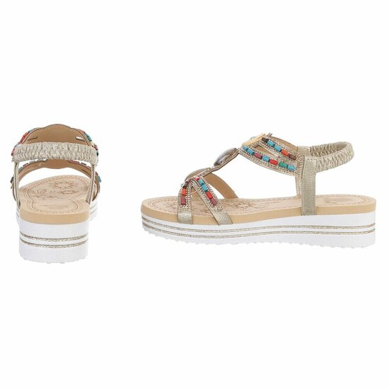 Gouden dames sandalen met kleurrijke steentjes en elastische band Cedela