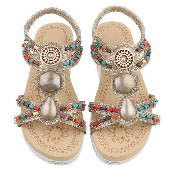 Gouden dames sandalen met kleurrijke steentjes en elastische band Cedela