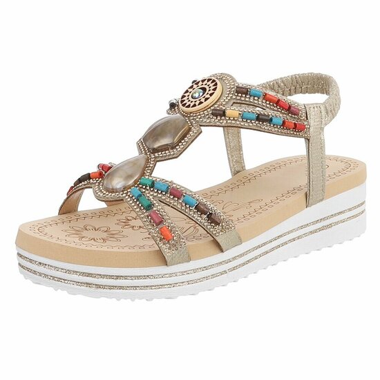Gouden dames sandalen met kleurrijke steentjes en elastische band Cedela