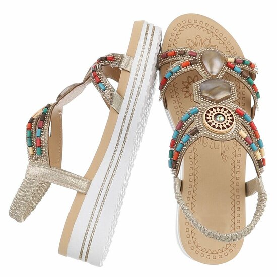 Gouden dames sandalen met kleurrijke steentjes en elastische band Cedela