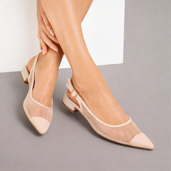 Beige slingback pumps Raphaele met transparant mesh en lage hak
