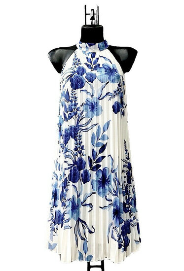 Trendy en chique blauw-witte midi halterjurk in plisse