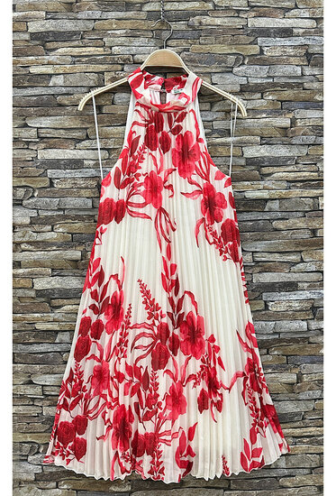 Trendy en chique rose-cream midi halterjurk in plisse