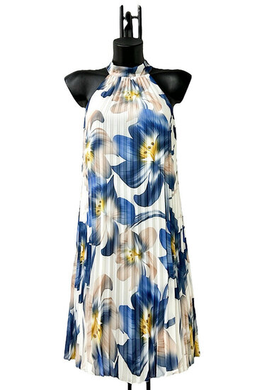 Trendy en chique wit-blauw-taupe midi halterjurk in plisse