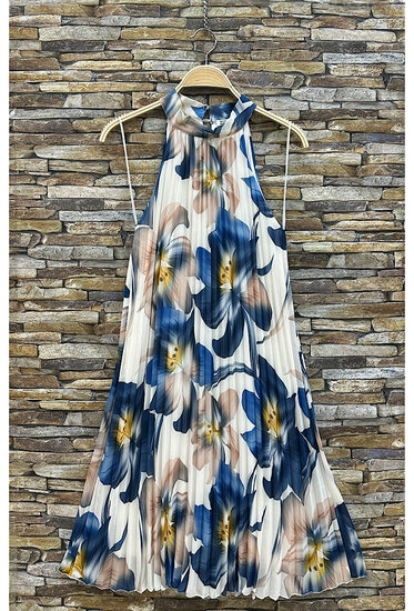 Trendy en chique wit-blauw-taupe midi halterjurk in plisse