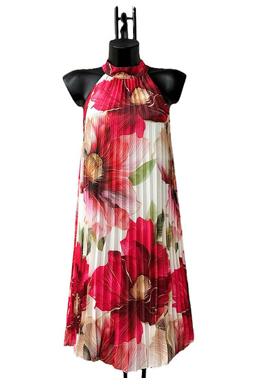 Trendy en chique rode mixed midi halterjurk in plisse