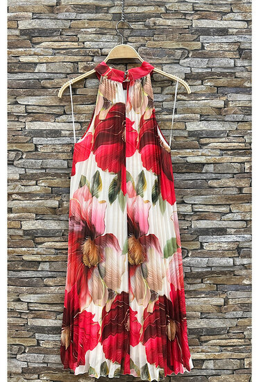 Trendy en chique rode mixed midi halterjurk in plisse