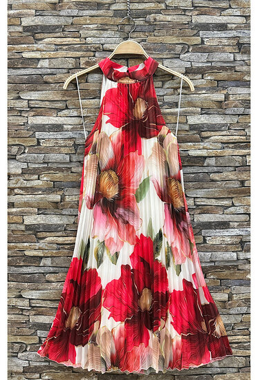 Trendy en chique rode mixed midi halterjurk in plisse