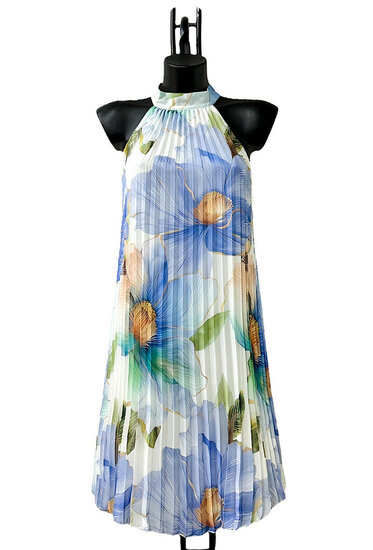 Trendy en chique blauwe mixed midi halterjurk in plisse