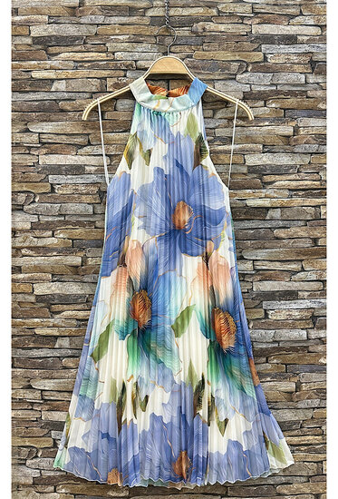 Trendy en chique blauwe mixed midi halterjurk in plisse