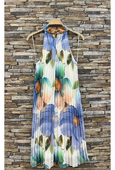 Trendy en chique blauwe mixed midi halterjurk in plisse