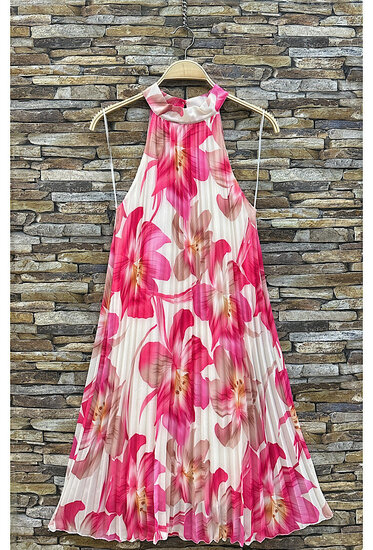 Trendy en chique wit-rose-taupe midi halterjurk in plisse