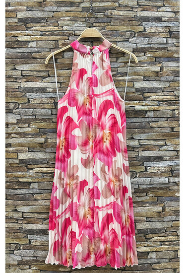 Trendy en chique wit-rose-taupe midi halterjurk in plisse