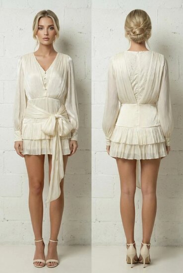 Cream couture mini jurk met kant en plissé – verfijnde avondjurk