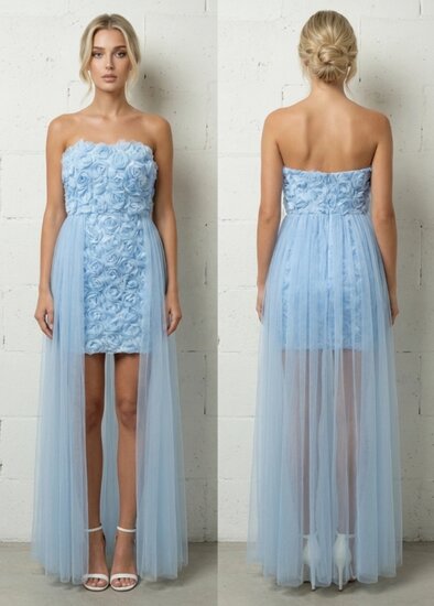 Prachtige korte licht blauwe bustier jurk met 3 d bloemen