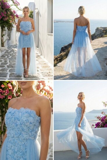 Prachtige korte licht blauwe bustier jurk met 3 d bloemen