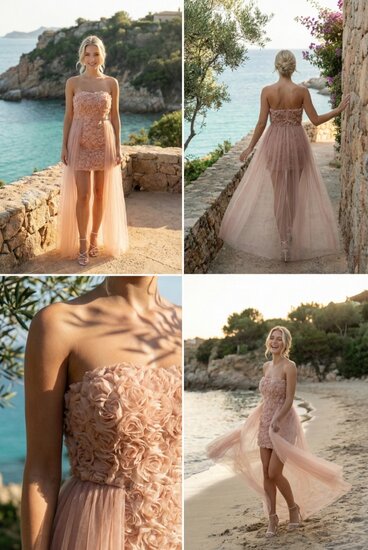 Prachtige korte nudekleurige bustier jurk met 3 d bloemen