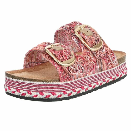 Fuchsia plateau slippers Cendi met gesp en borduurdetails