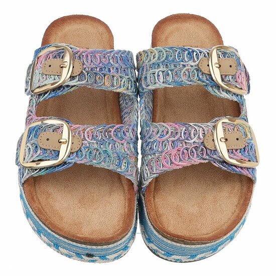 Blauwe plateau slippers Cendi met gesp en borduurdetails