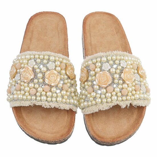 Beige slippers Gisele met parels en bloemen details