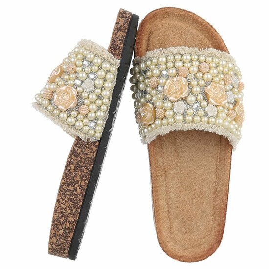 Beige slippers Gisele met parels en bloemen details