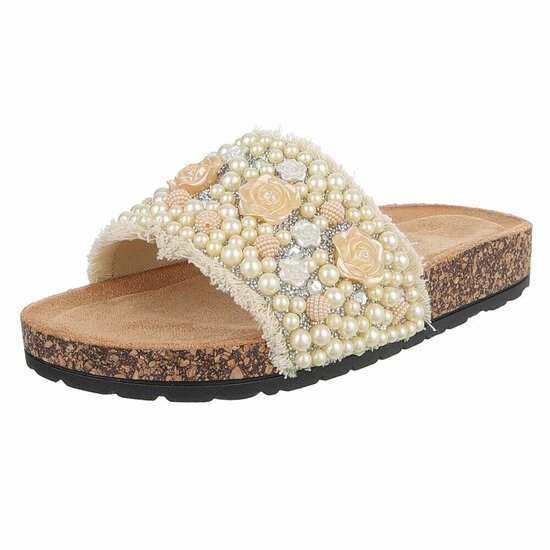 Beige slippers Gisele met parels en bloemen details