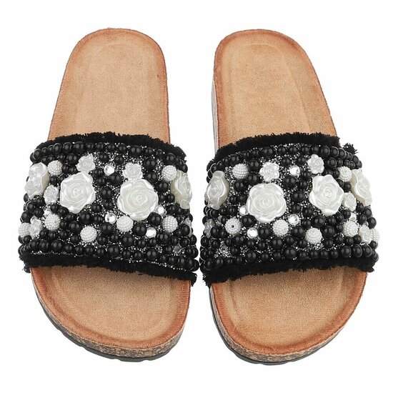 Zwarte slippers Gisele met parels en bloemen details