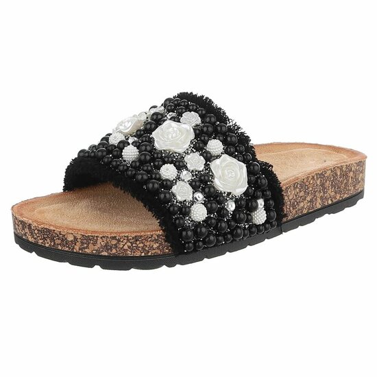Zwarte slippers Gisele met parels en bloemen details