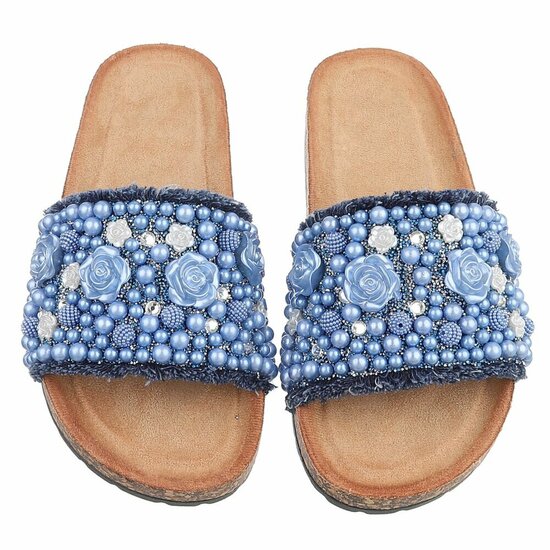Blauwe slippers Gisele met parels en bloemen details