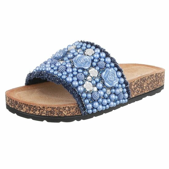 Blauwe slippers Gisele met parels en bloemen details