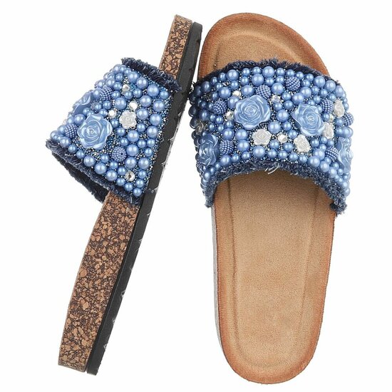 Blauwe slippers Gisele met parels en bloemen details