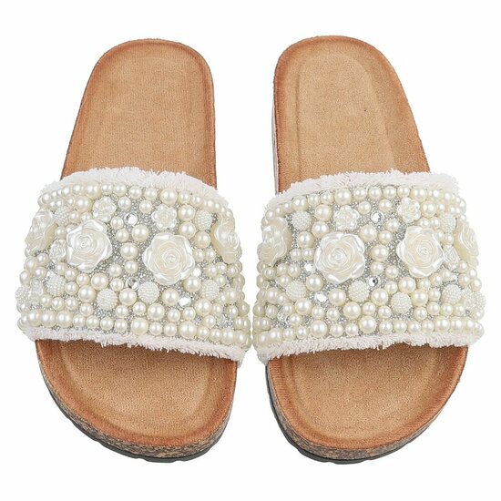 Witte slippers Gisele met parels en bloemen details