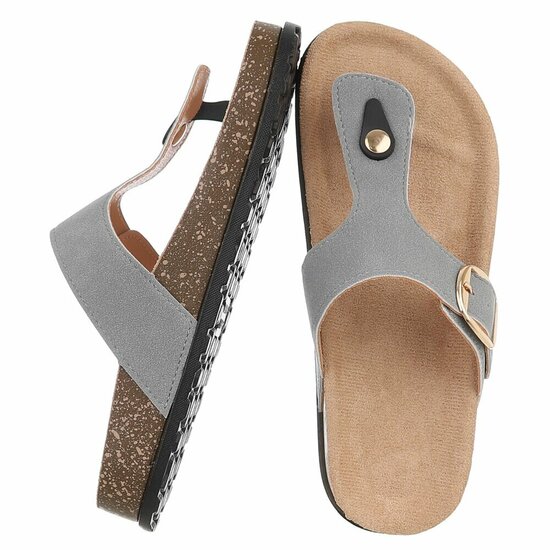 Grijze teenslippers Karin met gesp en comfortzool