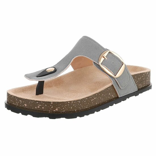 Grijze teenslippers Karin met gesp en comfortzool