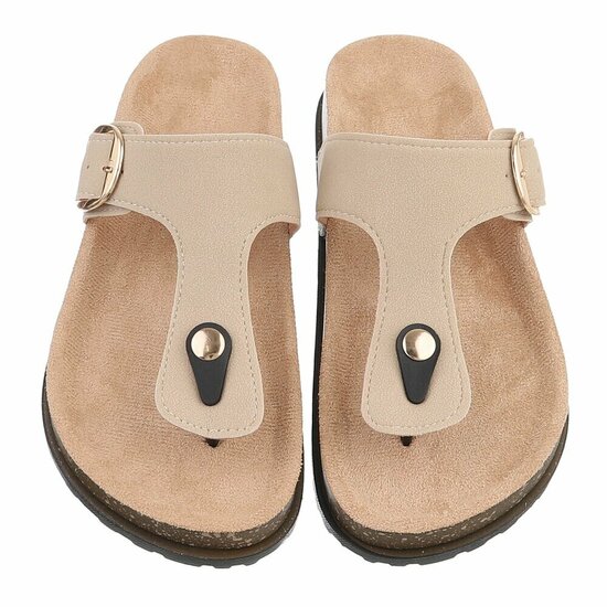 Beige teenslippers Karin met gesp en comfortzool