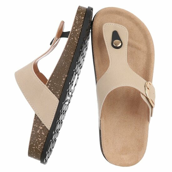 Beige teenslippers Karin met gesp en comfortzool