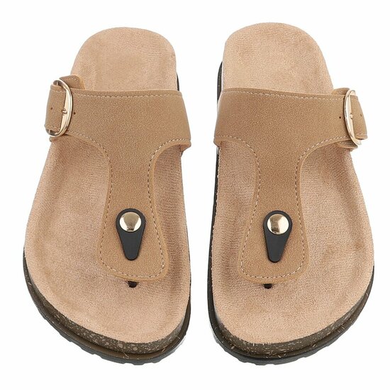 Kaki teenslippers Karin met gesp en comfortzool