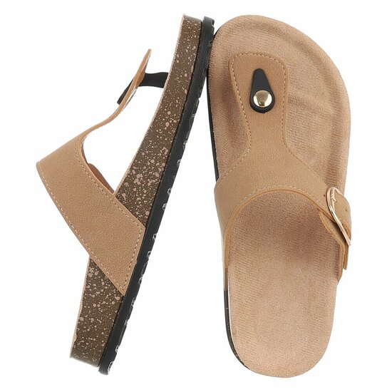 Kaki teenslippers Karin met gesp en comfortzool