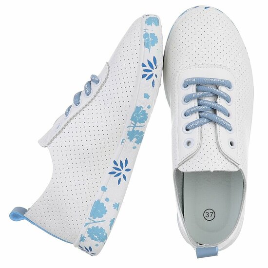 Witte luxe sneakers Pauline met blauwe accenten