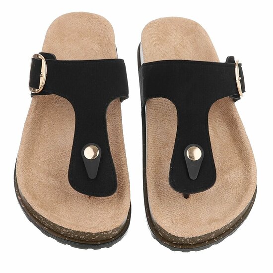 Zwarte teenslippers Karin met gesp en comfortzool
