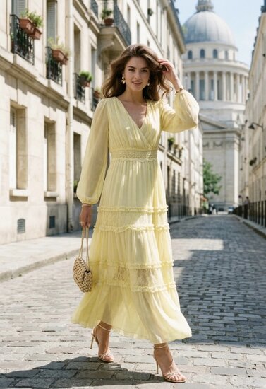 Elegante gele maxi jurk in romantische stijl – verfijnde luxe