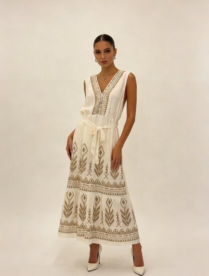 Cream maxi jurk met goud borduursel – elegante luxe uitstraling