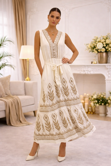 Cream maxi jurk met goud borduursel – elegante luxe uitstraling