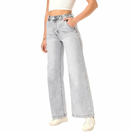 Lichtgrijze high waist jeans met wijde pijp – casual & trendy