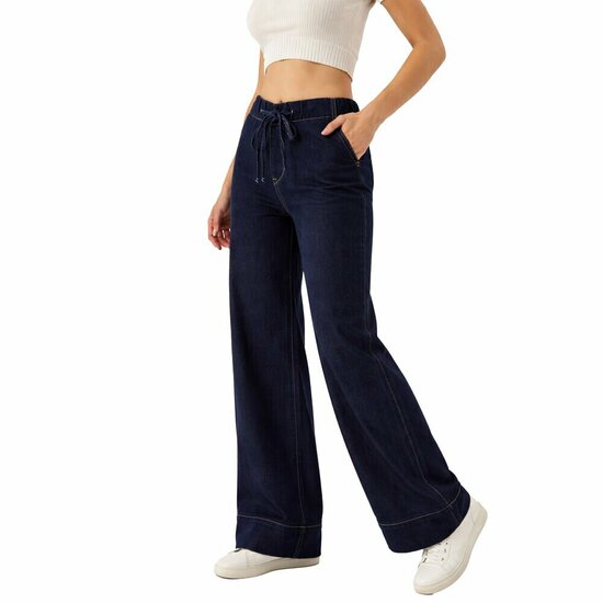 Donkerblauwe wide leg jeans met elastische taille – relaxed & trendy