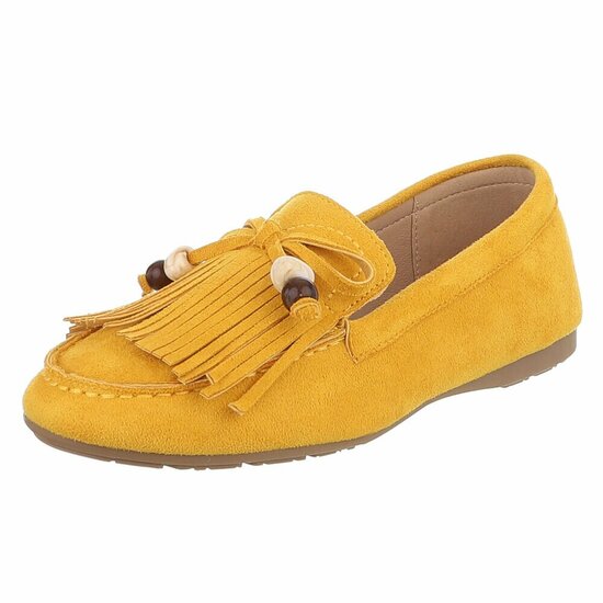 Gele suède loafers Censi met franjes en strikdetail