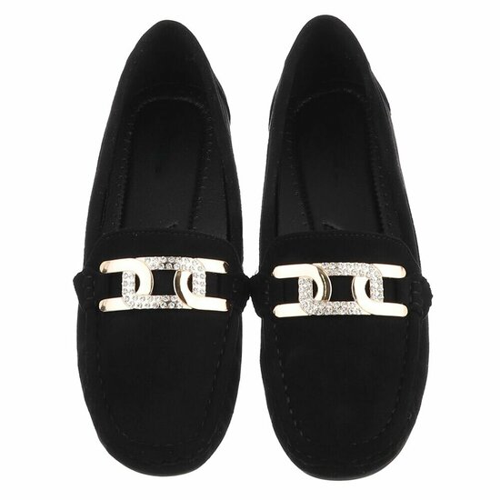 Elegante zwarte suède loafers Vima met gouden detail en strass
