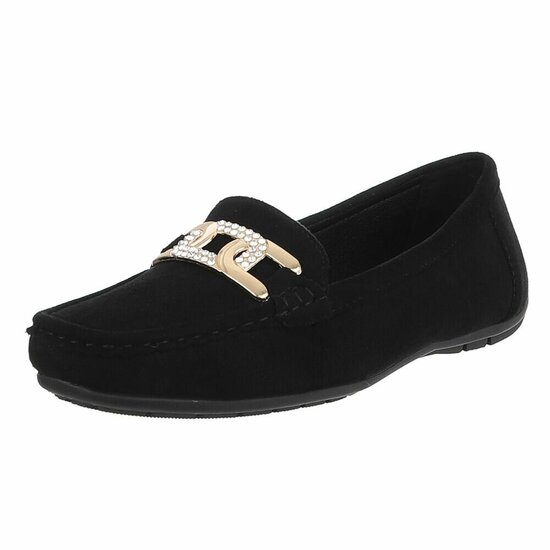 Elegante zwarte suède loafers Vima met gouden detail en strass